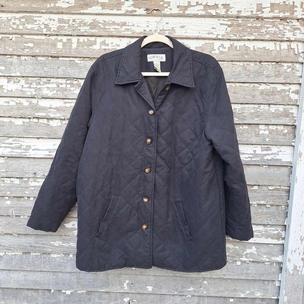 ORVIS Womens Quilted Black Coat Jacket Button Up Lined Size Large - Picture 1 of 6